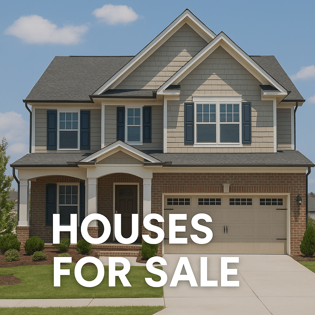 A modern two-story suburban house with beige siding, red brick accents, dark grey roof, and blue window shutters, featuring a green lawn and garden in front. Bold white text at the bottom reads 'HOUSES FOR SALE.