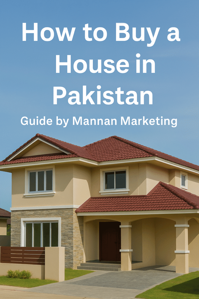 Modern house with red tiled roof in Pakistan under clear blue sky, representing a complete guide on how to buy a house in Pakistan by Mannan Marketing.